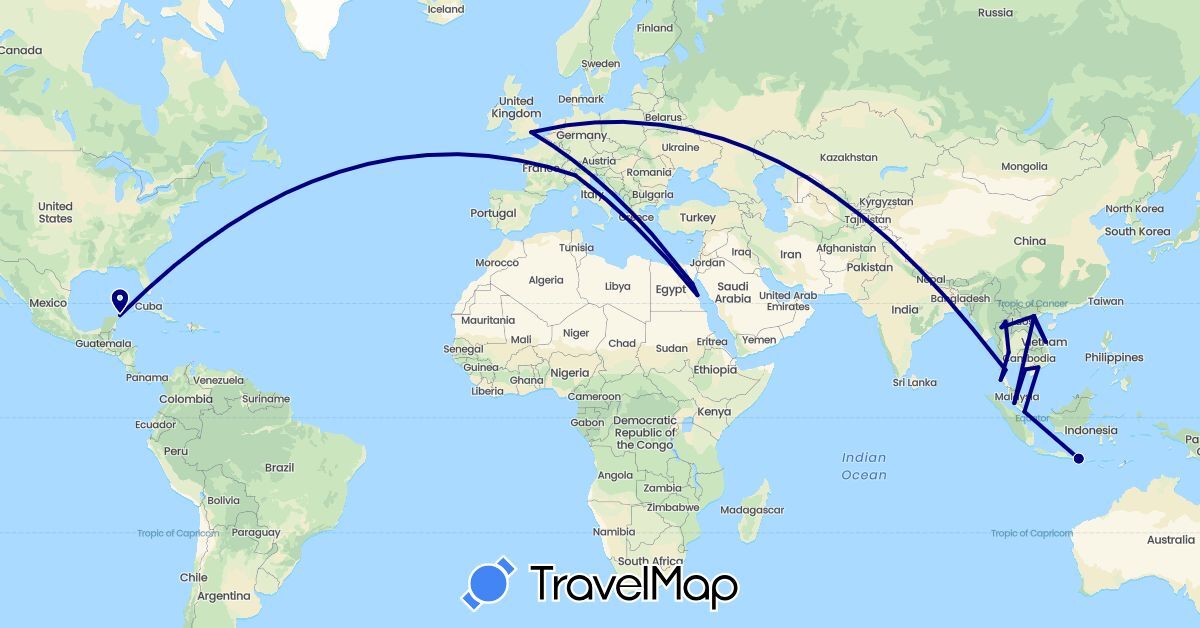 TravelMap itinerary: driving in Egypt, United Kingdom, Indonesia, Italy, Mexico, Malaysia, Singapore, Thailand, Vietnam (Africa, Asia, Europe, North America)
